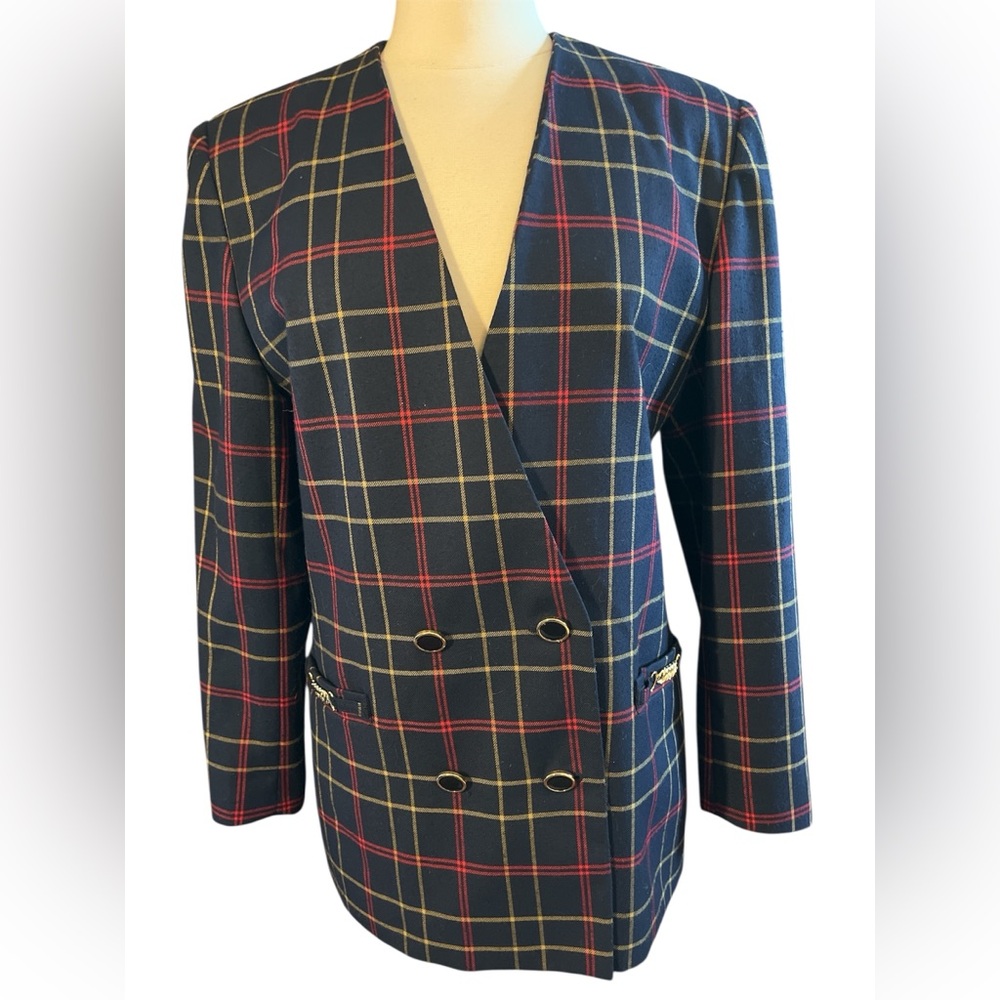 Vintage Navy,Red & Yellow Plaid lightweight Double-Breasted lined Blazer Size 12